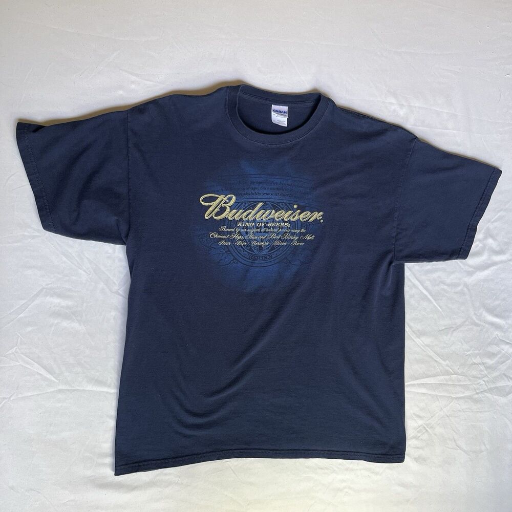 Budweiser Men's Short Sleeve King of Beers American T-Shirt Blue Gold XL Beer T